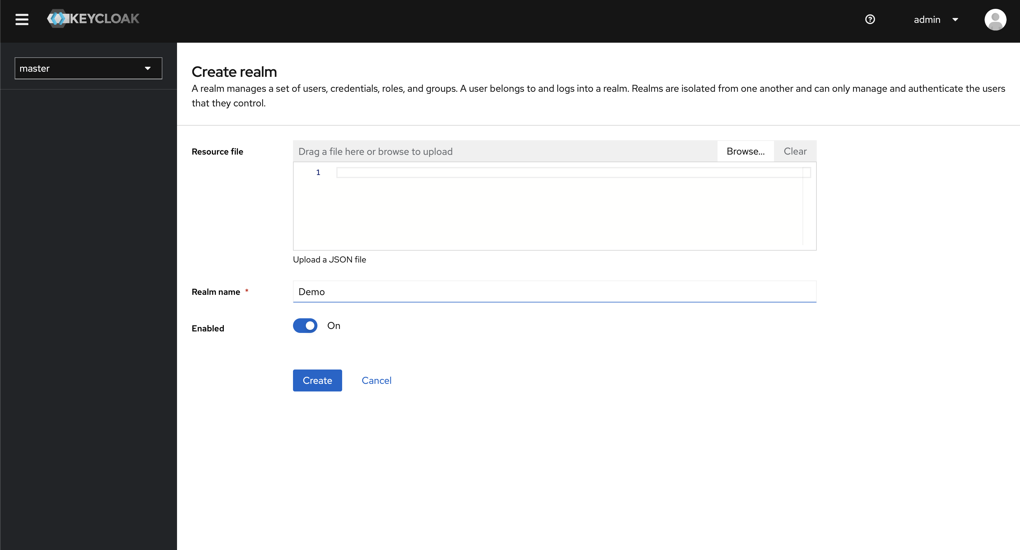 View showing realm creation screen in keycloak